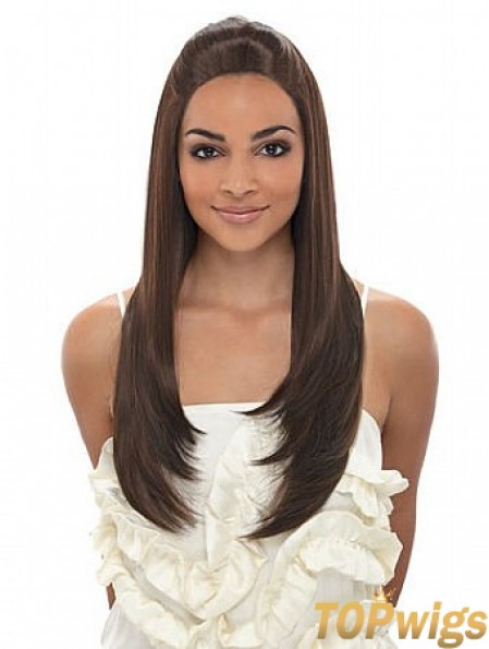 Long Brown Straight Without Bangs Fashionable African American Wigs