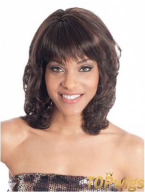 Shoulder Length Brown Wavy With Bangs Fashion African American Wigs