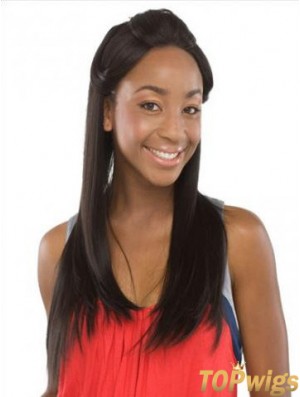 Without Bangs Sleek Straight Black Long Human Hair Lace Front Wigs