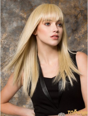 Long Blonde Synthetic Wigs Monofilament Blonde Color With Bangs