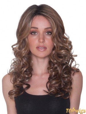 Without Bangs 100% Hand-tied 18 inch Curly Brown Long Wigs