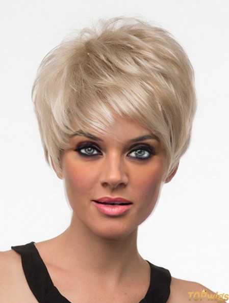 Short Synthetic Wigs With Bangs Blonde Color Straight Style