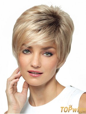 Synthetic Short Ladies Wig With Bangs Short Length Blonde Color