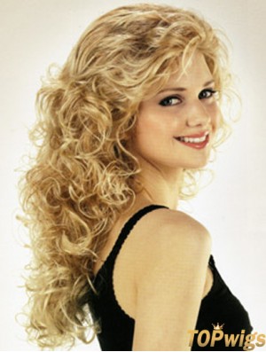 Ideal Blonde Curly With Bangs Long Wigs