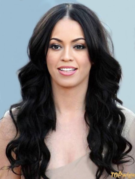 Long Wavy Without Bangs Black Good 100% Hand-tied Wigs