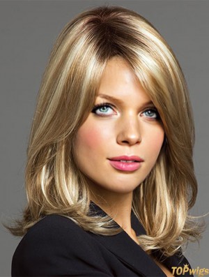 Fashionable Blonde Shoulder Length Straight Layered Lace Front Wigs