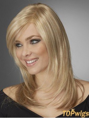 Best Comfortable Synthetic Wigs With Bangs Monofilament Blonde Color Wavy Style