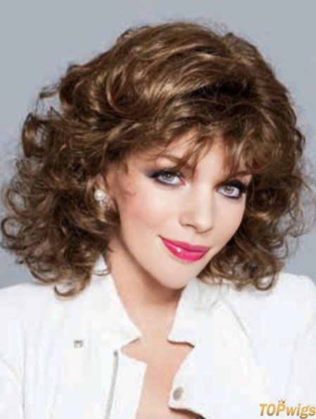 No-Fuss Brown Shoulder Length Curly With Bangs Lace Front Wigs