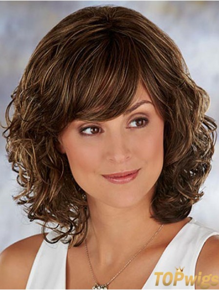 Brown Shoulder Length Wavy With Bangs 13 inch Soft Medium Wigs