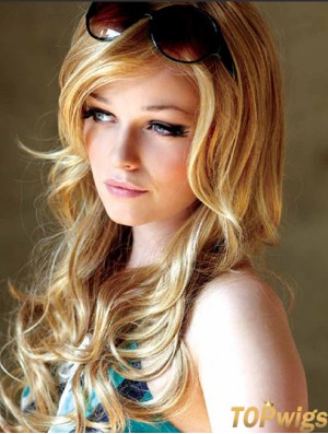 22 inch Wavy With Bangs Monofilament Blonde Suitable Long Wigs