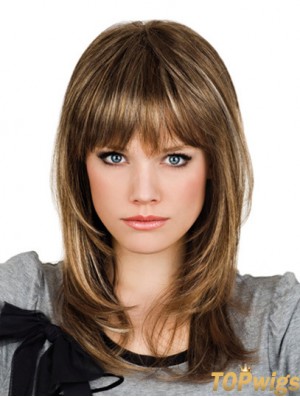 Brown Shoulder Length Wavy With Bangs 14 inch Suitable Medium Wigs