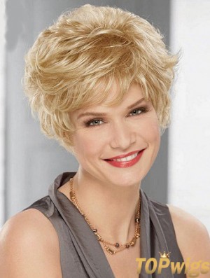 Cheap Synthetic Blonde Color Layered Cut Wavy Style