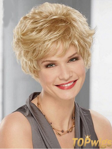 Cheap Synthetic Blonde Color Layered Cut Wavy Style