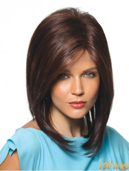 Brown Shoulder Length Straight With Bangs 14 inch Hairstyles Medium Wigs