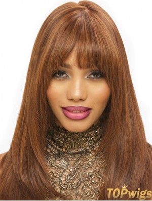 Synthetic Brown Straight With Bangs Monofilament Hand Tied Wigs