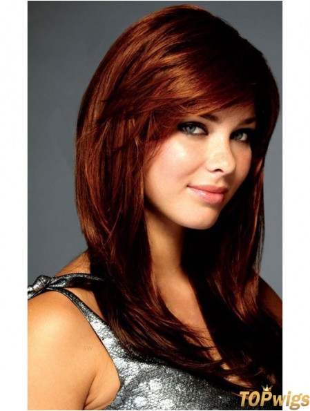 Fashion Auburn Straight With Bangs Lace Front Long Wigs