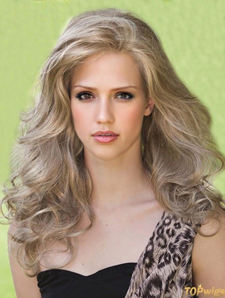 Designed Blonde Long Without Bangs Wavy Glueless Lace Front Wigs