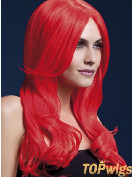 Synthetic Long Hair Wigs Red Color Wavy Style With Capless