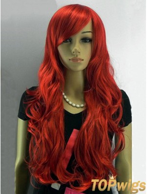 24 inch Wavy With Bangs Capless Red Affordable Long Wigs