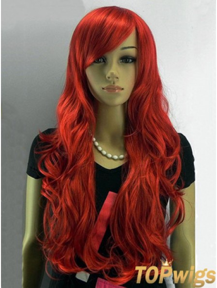 24 inch Wavy With Bangs Capless Red Affordable Long Wigs