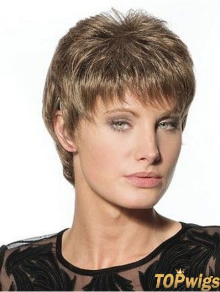 Suitable Brown Cropped Boycuts Straight Glueless Lace Front Wigs