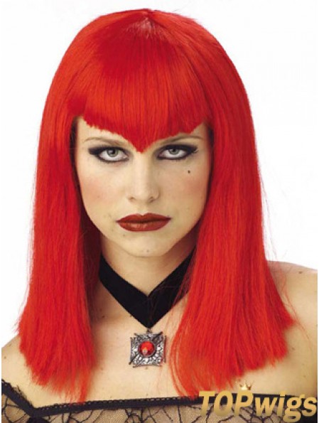 Straight With Bangs Shoulder Length Red Discount Lace Front Wigs