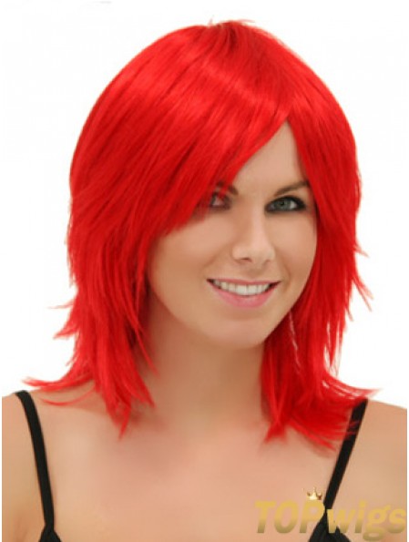 Red Shoulder Length Straight Without Bangs 14 inch Modern Medium Wigs