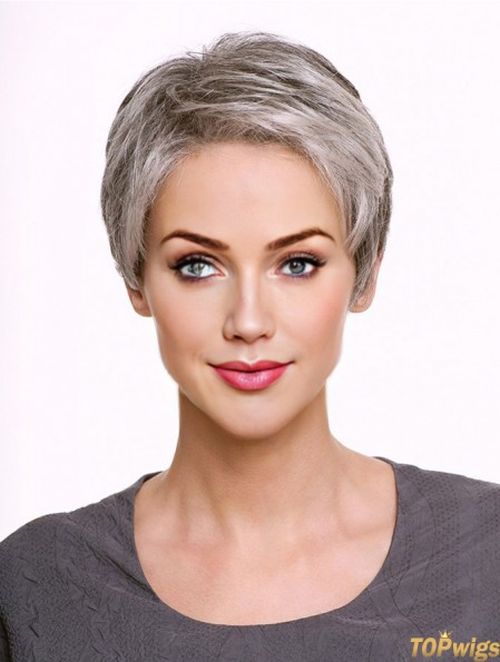 Monofilament 5 inch Cropped Synthetic Straight Grey Wigs