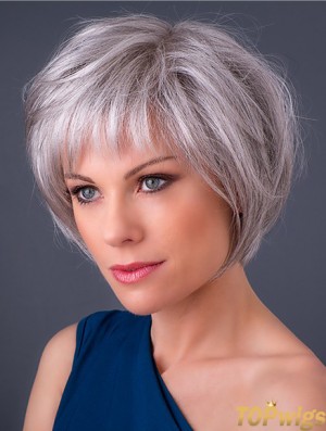 Monofilament 10 inch Chin Length Synthetic Straight Grey Hair Wigs