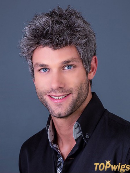 4 inch Straight Monofilament Cropped Synthetic Grey Wig For Man