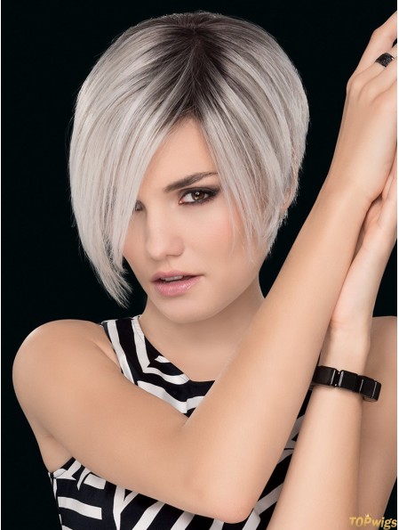 Grey 7 inch Straight Without Bangs Hand Tied Wigs