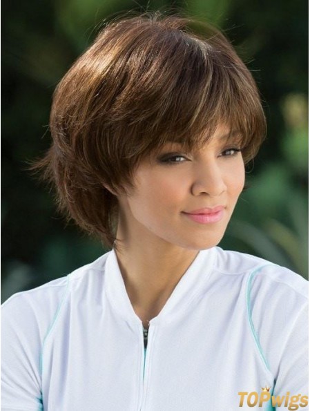 Straight Brown With Bangs 8 inch Mono Top Wigs