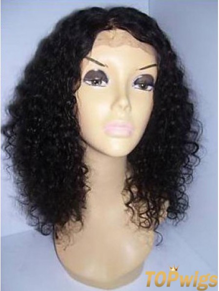 Curly Human Hair With Lace Front Black Color Shoulder Length