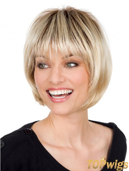 Blonde Monofilament Wig With Bangs Straight Style Chin Length