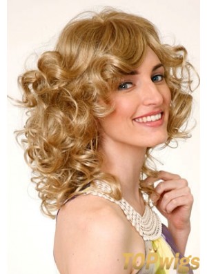 Layered Blonde Curly Shoulder Length 16 inch Durable Medium Wigs