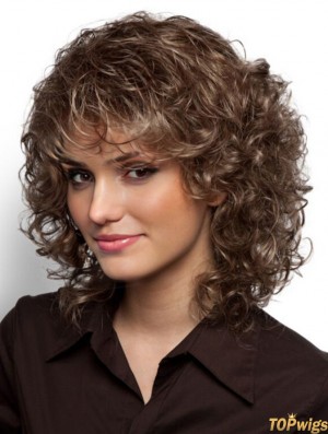 Mono Wigs Sale With Bangs Curly Style Brown Color Shoulder Length