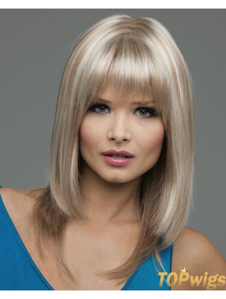 Straight With Bangs Shoulder Length Blonde Natural Lace Front Wigs