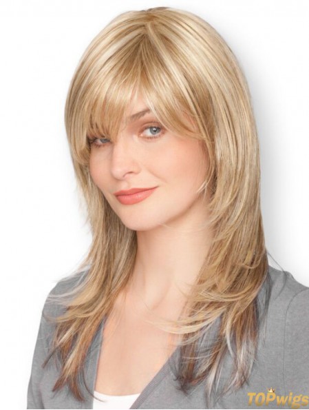 Blonde 16 inch Sleek Long Straight With Bangs Lace Wigs