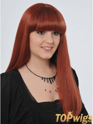 22 inch Red Long Straight With Bangs Monofilament Real Hair Wigs