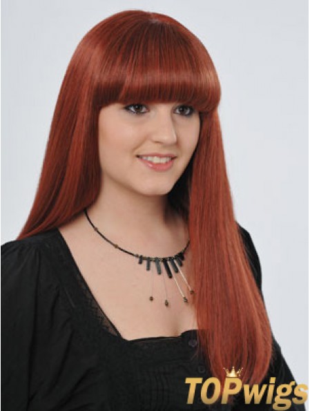 22 inch Red Long Straight With Bangs Monofilament Real Hair Wigs