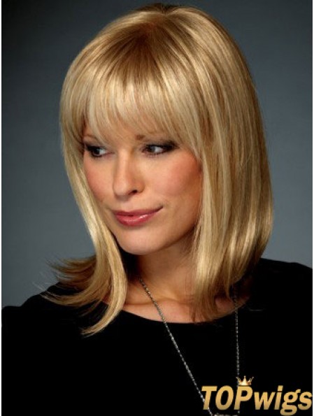 Straight With Bangs Shoulder Length Blonde Affordable Lace Front Wigs