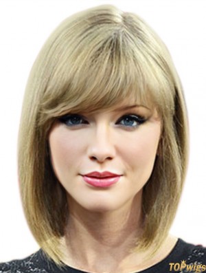 100% Hand-tied With Bangs Straight Shoulder Length Blonde Top  Wigs