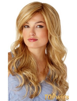 Sleek Blonde Wavy With Bangs Monofilament Long Wigs