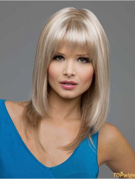 Straight With Bangs Shoulder Length Blonde Best Lace Front Wigs