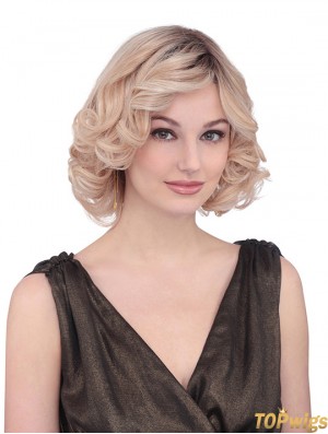 Chin Length Curly With Bangs Fabulous Blonde Lace Front Wigs