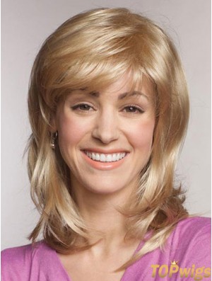 Straight With Bangs Shoulder Length Blonde Popular Lace Front Wigs