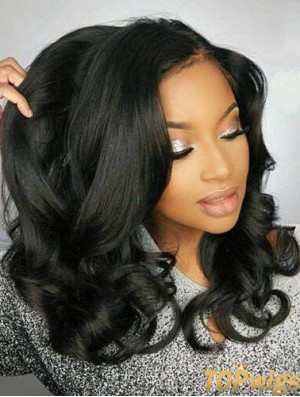 Remy Human Hair Black Wavy 18 inch Without Bangs 360 Lace Wigs