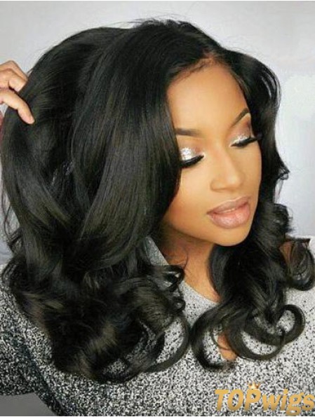 Remy Human Hair Black Wavy 18 inch Without Bangs 360 Lace Wigs