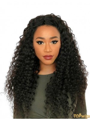 24 inch Without Bangs Black Curly Remy Human Hair 360 Lace Wigs