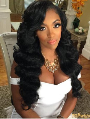 Remy Human Hair Black Wavy 22 inch Without Bangs 360 Lace Wigs